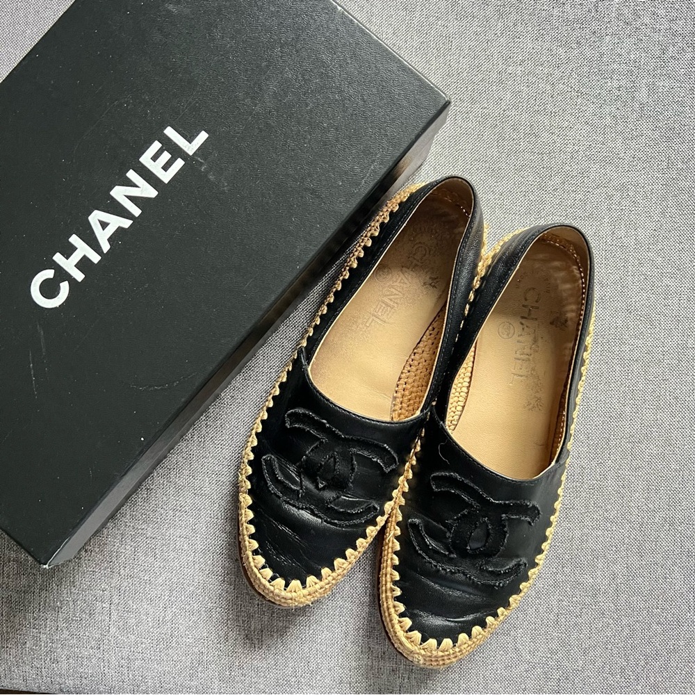 Authentic Chanel black lambskin espadrilles size 37